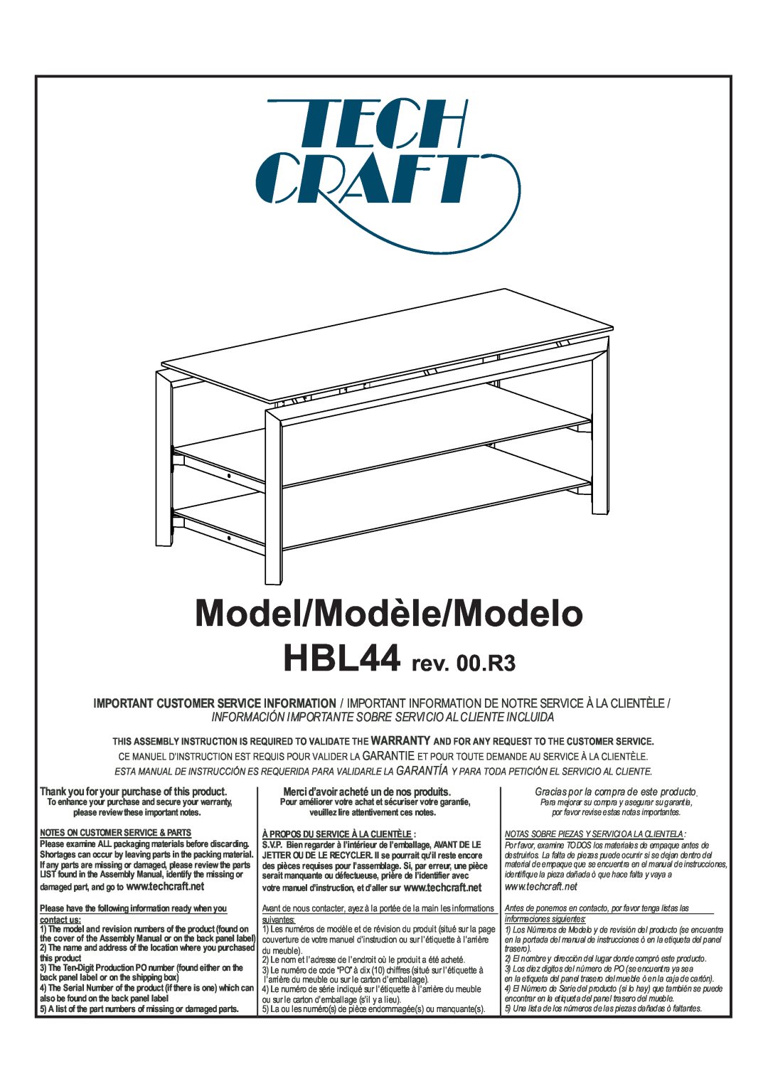 Tech Craft warranty Model/Modèle/Modelo, HBL44 rev. 00.R3, Información Importante Sobre Servicio Al Cliente Incluida 
