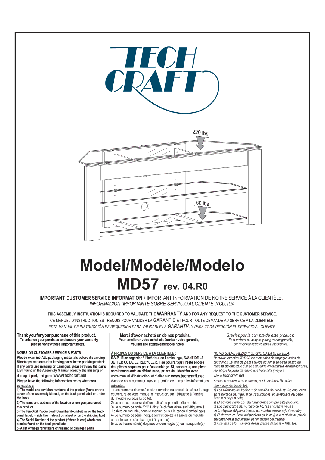 Tech Craft MD57 warranty Model/Modèle/Modelo 