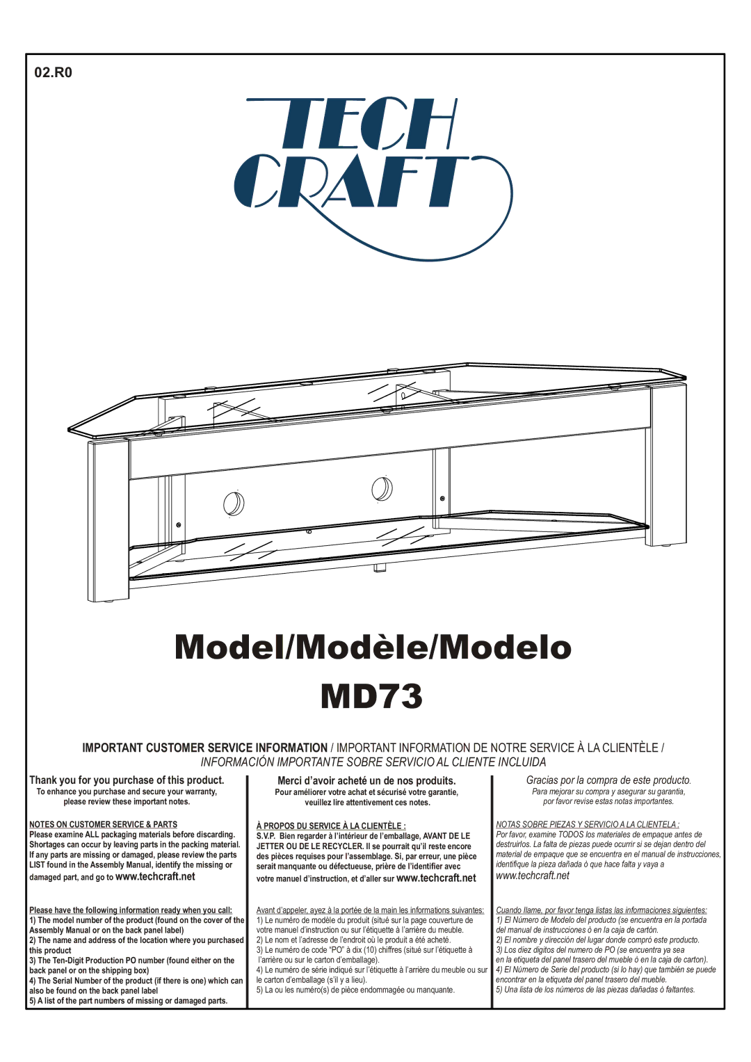 Tech Craft MD73 warranty Propos DU Service À LA Clientèle, Notas Sobre Piezas Y Servicio a LA Clientela 