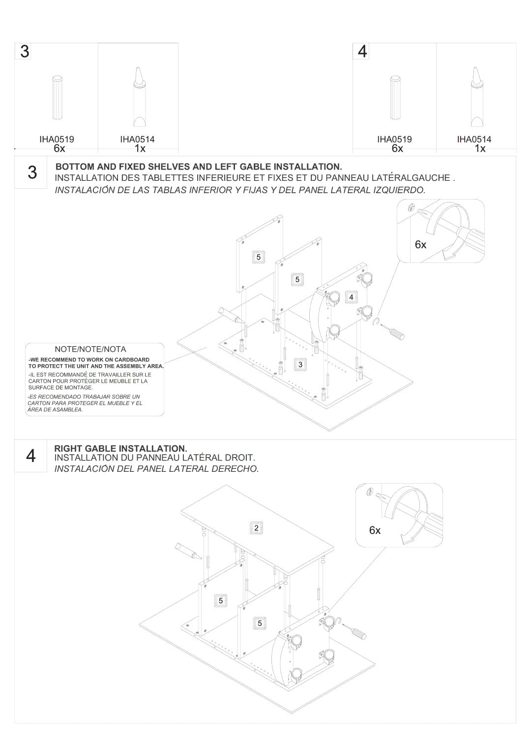 Tech Craft SF50 manual Bottom and Fixed Shelves and Left Gable Installation, Right Gable Installation 