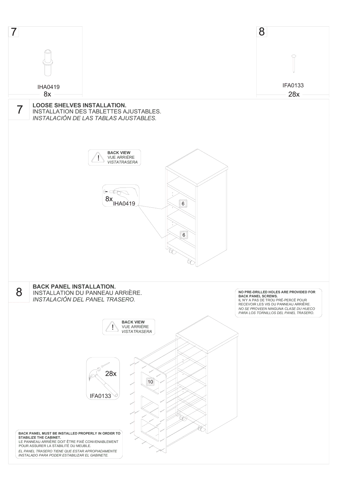 Tech Craft SF50 manual Instalacion DE LAS Tablas Ajustables, Back Panel Installation, Instalacion DEL Panel Trasero 