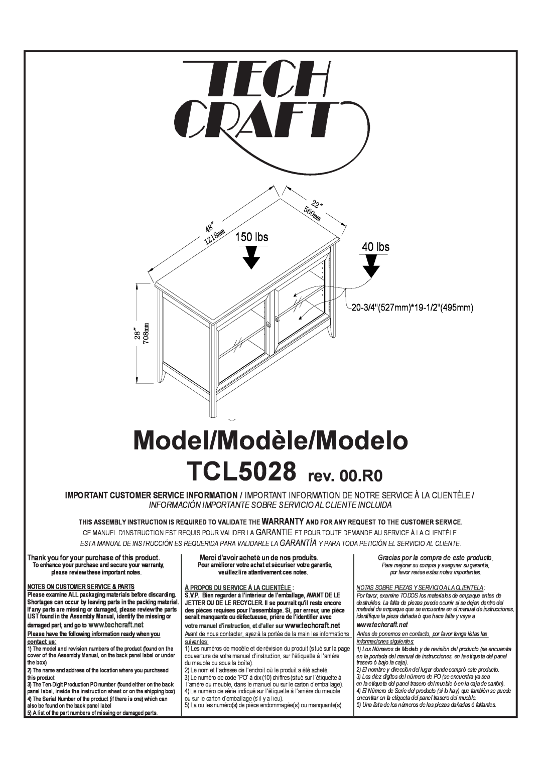 Tech Craft manual Model/Modèle/Modelo, TCL5028 rev. 00.R0, 150 lbs, 40 lbs, 20-3/4527mm*19-1/2495mm, suivantes, the box 