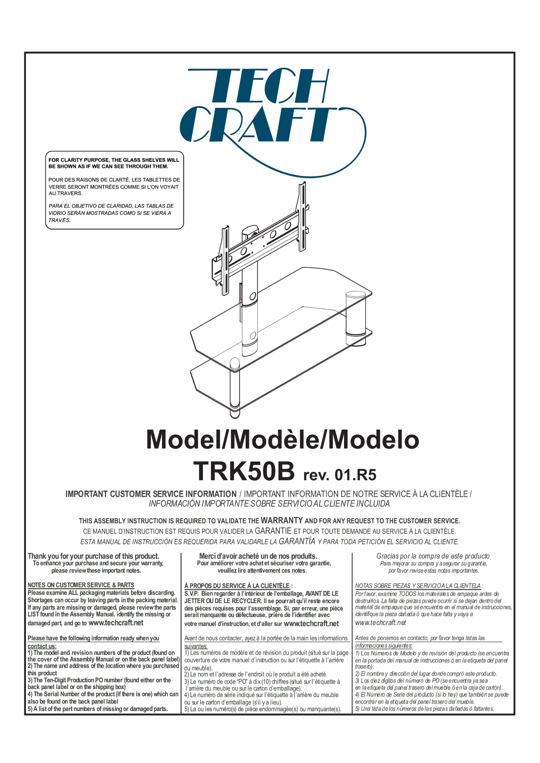 Tech Craft TRK50B warranty Model/Modèle/Modelo, Notas Sobre Piezas Y Servici O a LA Clientela 