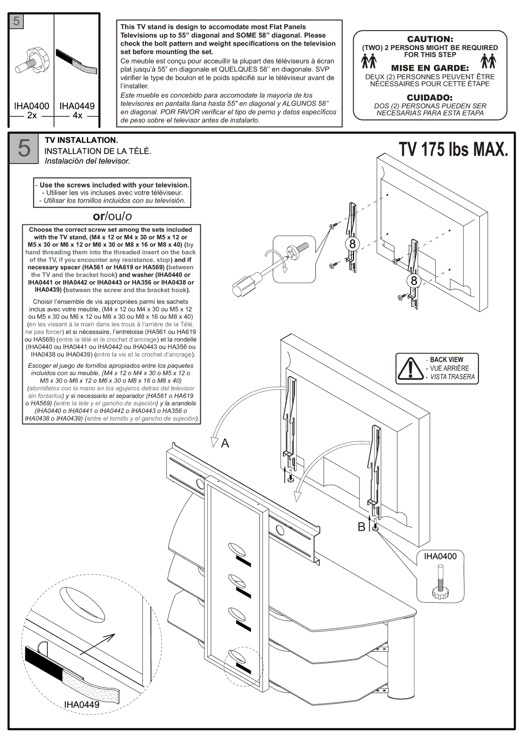 Tech Craft TRK55B warranty TV 175 lbs MAX 