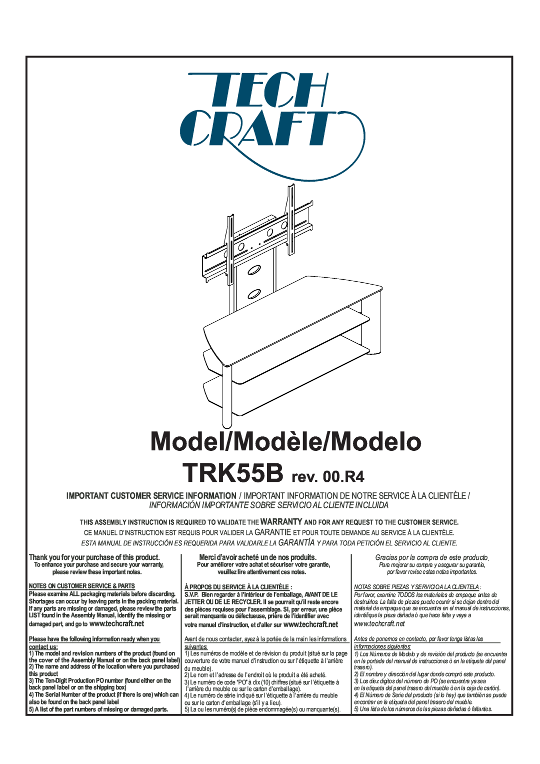 Tech Craft warranty Model/Modèle/Modelo, TRK55B rev. 00.R4, Información Importante Sobre Servicio Al Cliente Incluida 