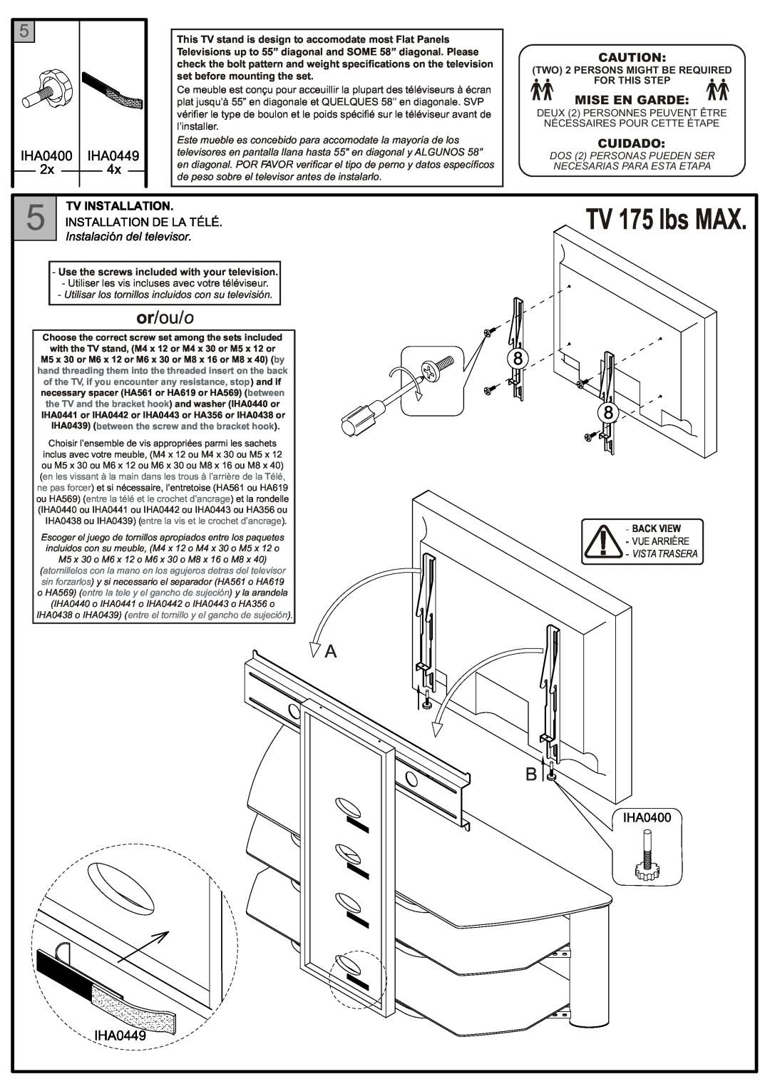 Tech Craft TRK55B or/ou/o, TV 175 lbs MAX, Mise En Garde, Cuidado, Use the screws included with your television, Back View 