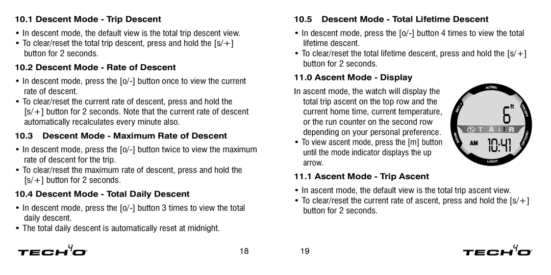 Tech4o Alti-Ski manual Descent Mode Trip Descent, Descent Mode Rate of Descent, Descent Mode Maximum Rate of Descent 