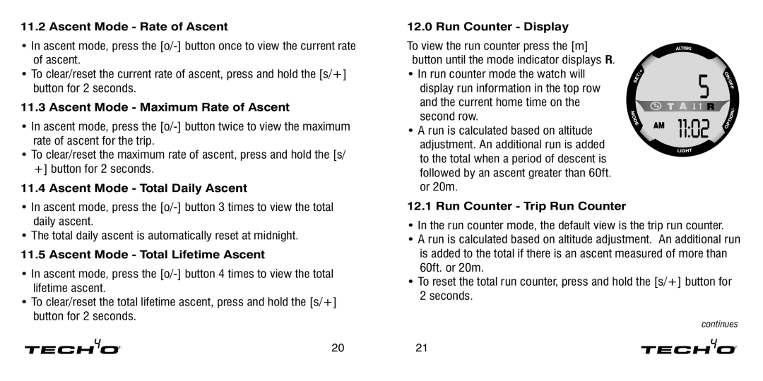 Tech4o Alti-Ski manual Ascent Mode Rate of Ascent, Ascent Mode Maximum Rate of Ascent, Ascent Mode Total Daily Ascent 