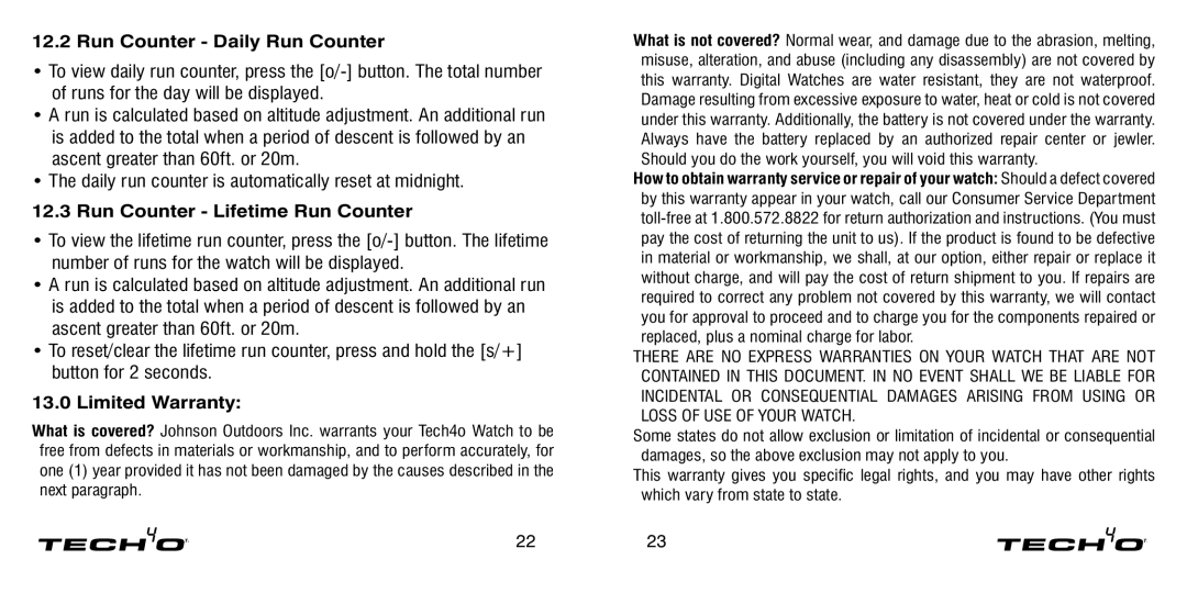 Tech4o Alti-Ski manual Run Counter Daily Run Counter, Run Counter Lifetime Run Counter, Limited Warranty 