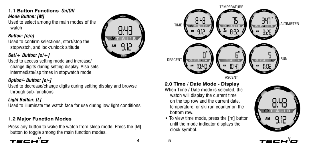 Tech4o Alti-Ski manual Button Functions On/Off, Major Function Modes 