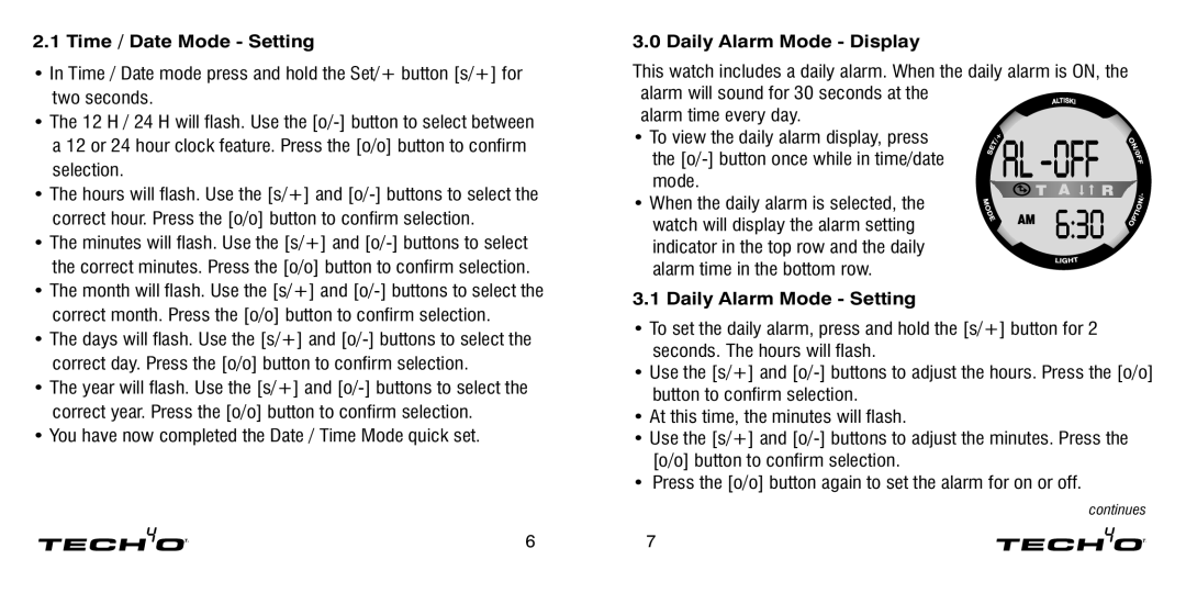 Tech4o Alti-Ski manual Time / Date Mode Setting, Daily Alarm Mode Display, Daily Alarm Mode Setting 