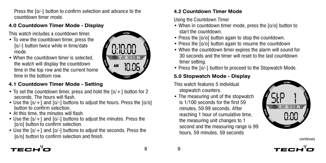 Tech4o Alti-Ski manual Countdown Timer Mode Display, Countdown Timer Mode Setting, Stopwatch Mode Display 