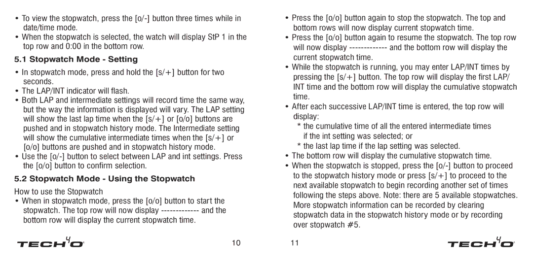 Tech4o Alti-Ski manual Stopwatch Mode Setting, Stopwatch Mode Using the Stopwatch 