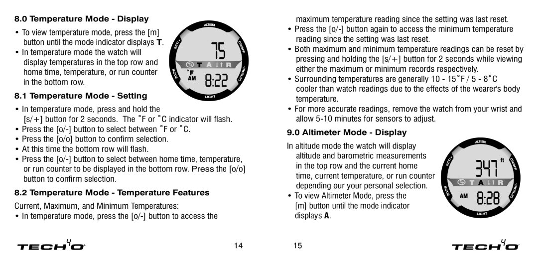 Tech4o Alti-Ski manual Temperature Mode Display, Temperature Mode Setting, Temperature Mode Temperature Features 