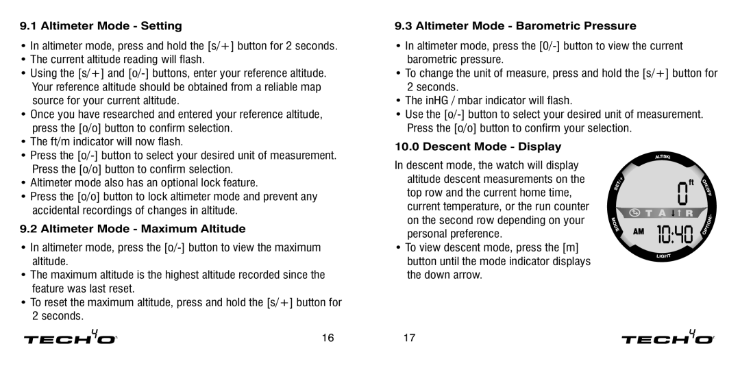 Tech4o Alti-Ski manual Altimeter Mode Setting, Altimeter Mode Maximum Altitude, Altimeter Mode Barometric Pressure 