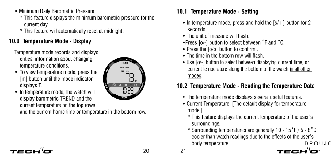 Tech4o Altimeter Watch Temperature Mode Display, Temperature Mode Setting, Temperature Mode Reading the Temperature Data 