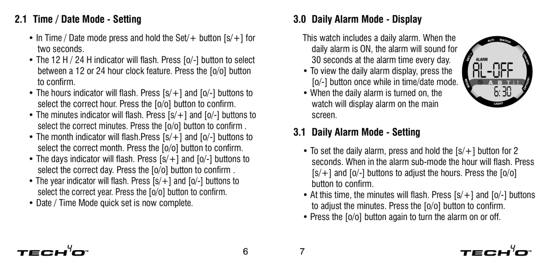 Tech4o Altimeter Watch manual Time / Date Mode Setting, Daily Alarm Mode Display, Daily Alarm Mode Setting 