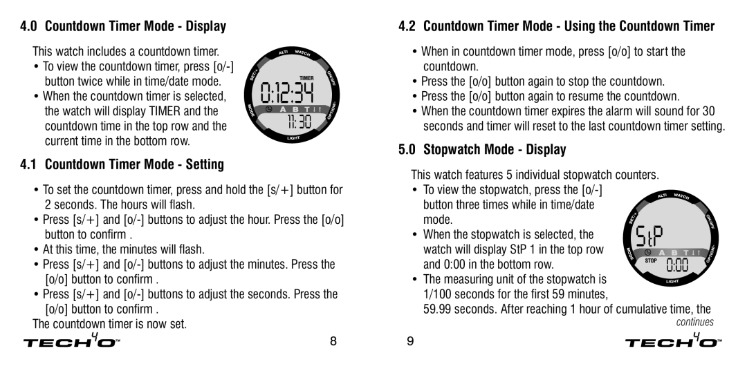 Tech4o Altimeter Watch manual Countdown Timer Mode Display, Countdown Timer Mode Setting, Stopwatch Mode Display 