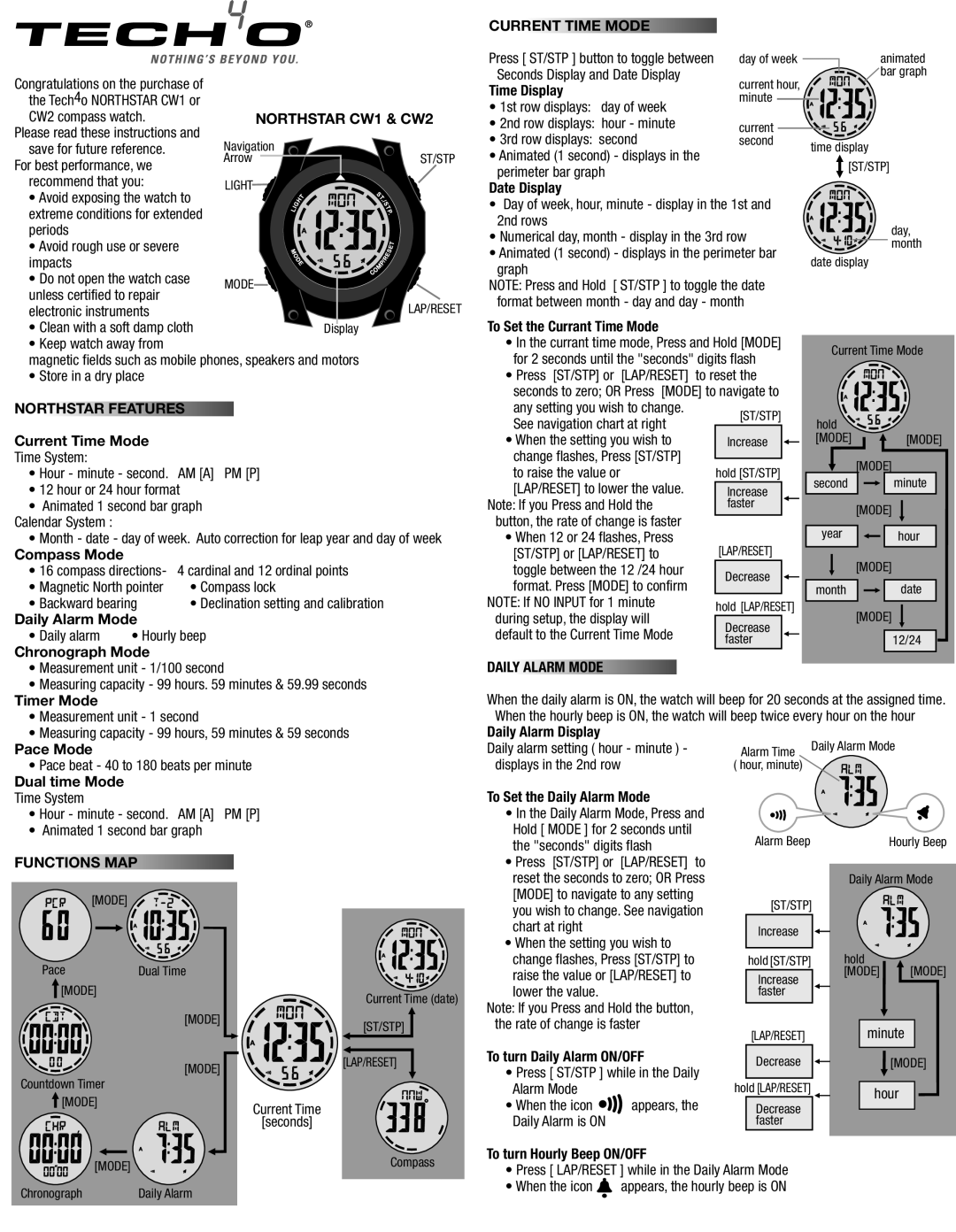 Tech4o CW1, CW2 manual Current Time Mode, Northstar Features, Daily Alarm Mode, Functions MAP 