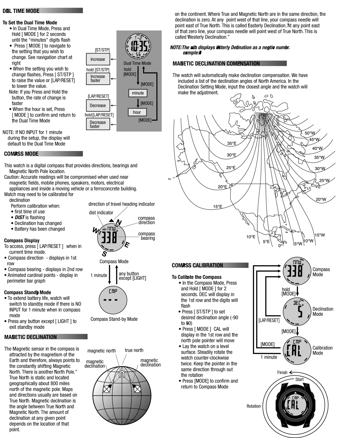 Tech4o CW1, CW2 manual Magnetic Declination Compensation, Compass Mode, Compass Calibration 