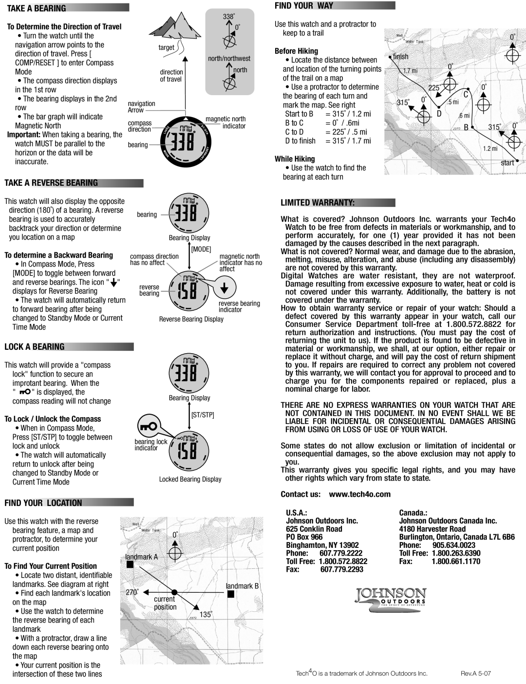 Tech4o CW2 Take a Bearing, Find Your WAY, Take a Reverse Bearing, Limited Warranty, Lock a Bearing, Find Your Location 