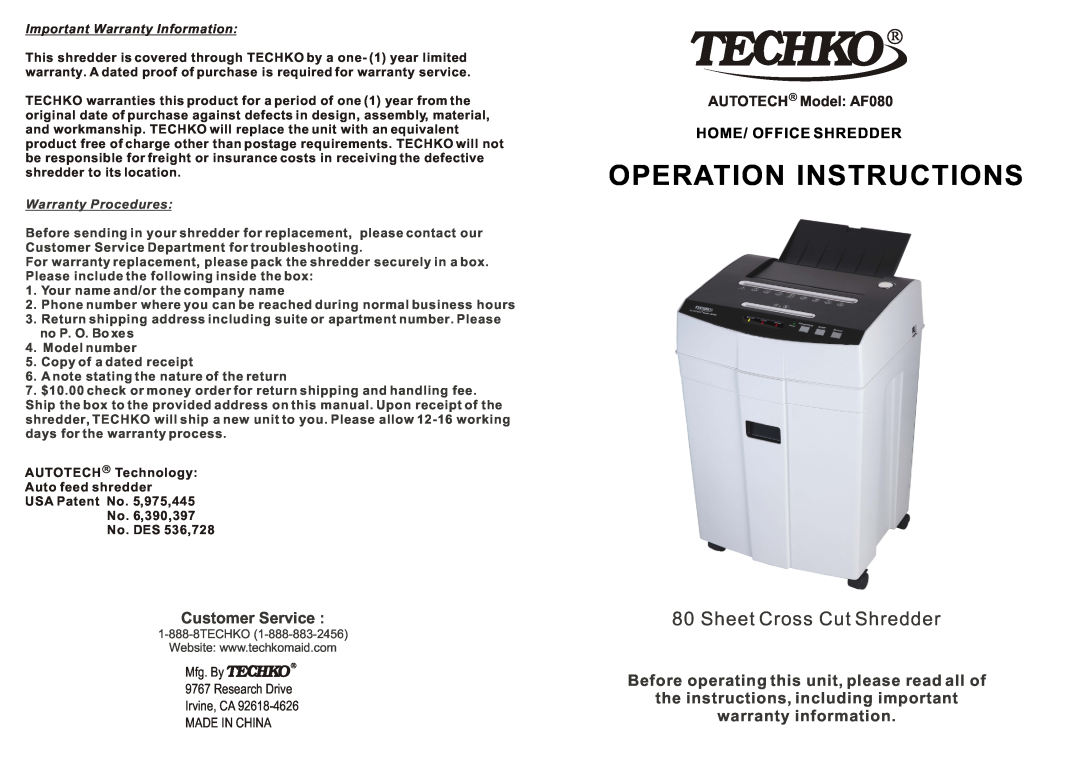 Techko AF080 warranty Important Warranty Information, Warranty Procedures, Operation Instructions, Customer Service 