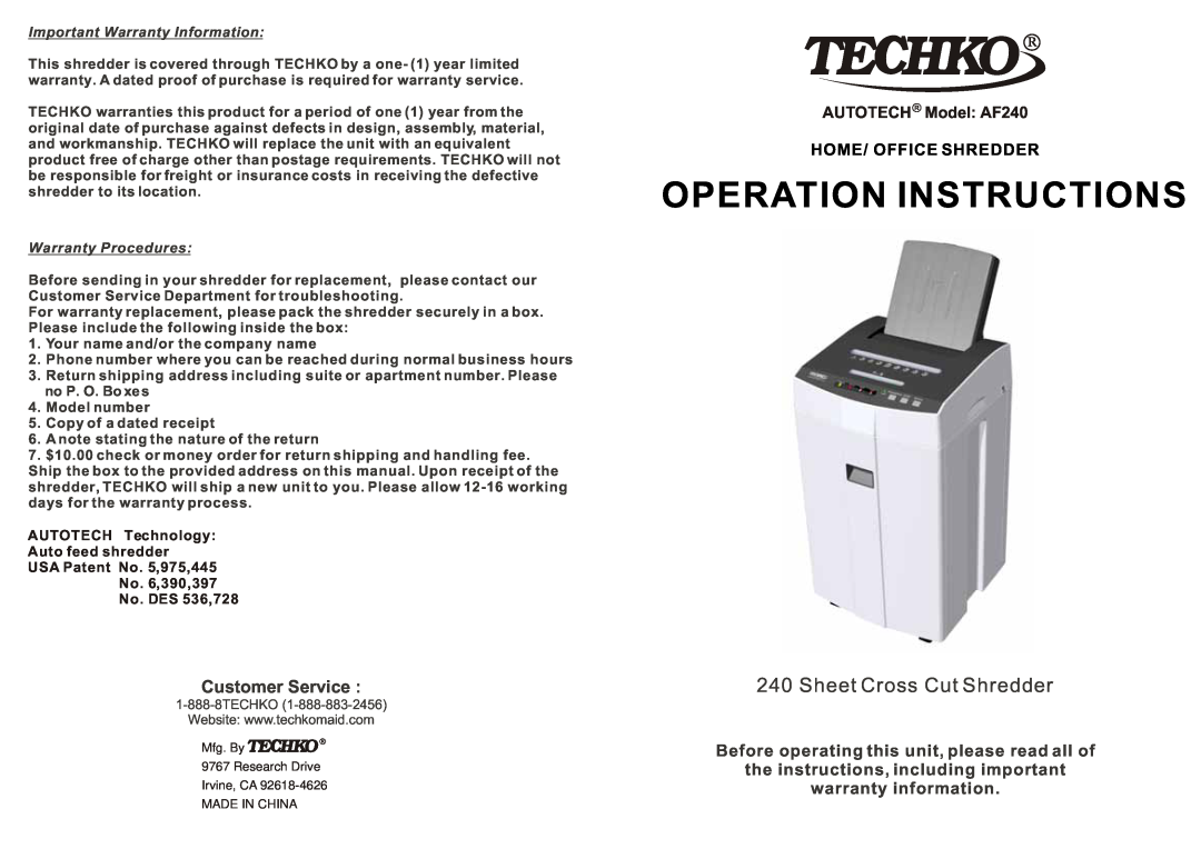 Techko AF240 warranty Important Warranty Information, Warranty Procedures, Operation Instructions, Customer Service 