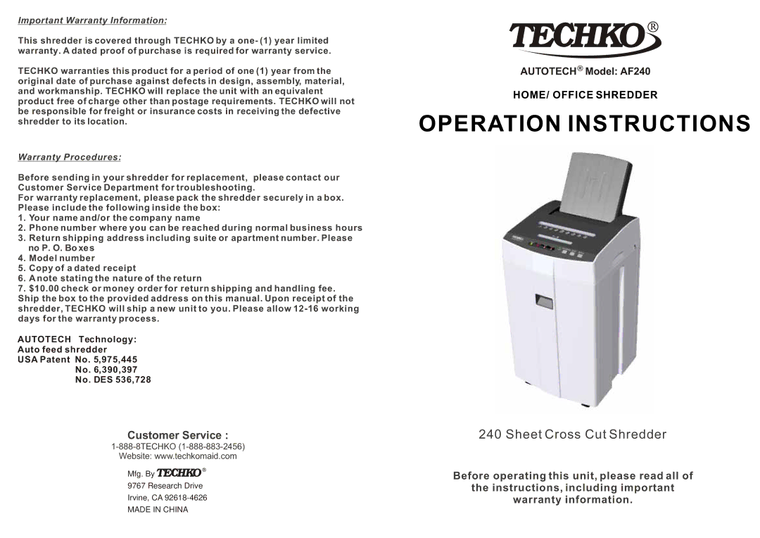 Techko AF240 warranty Operation Instructions 