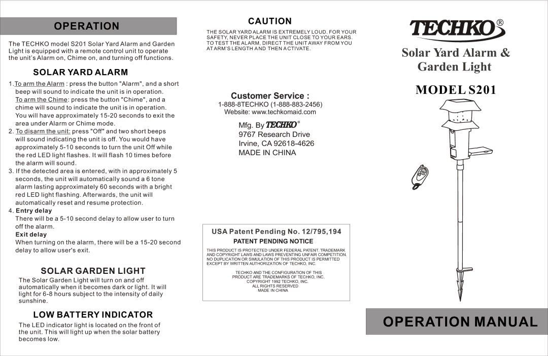 Techko S201 operation manual Solar Yard Alarm, LOW Battery Indicator 