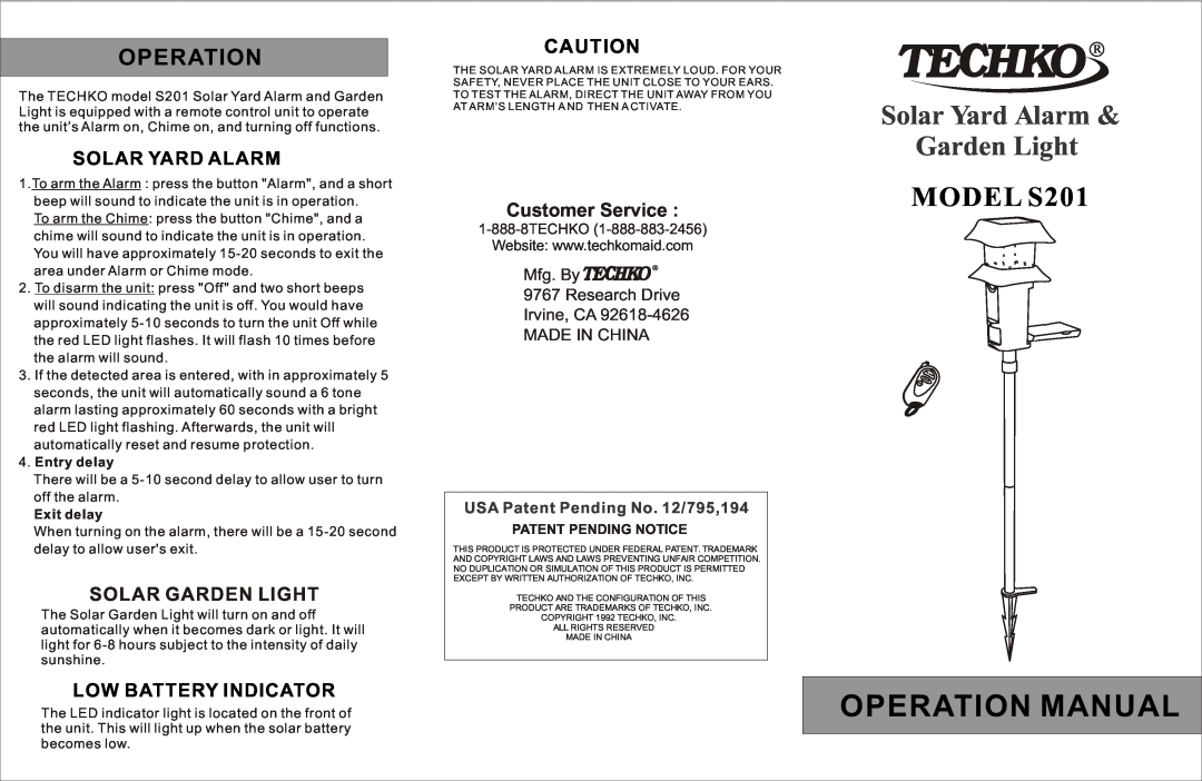 Techko operation manual Mfg. By 9767 Research Drive Irvine, CA MADE IN CHINA, 1-888-8TECHKO, MODEL S201, Operation 