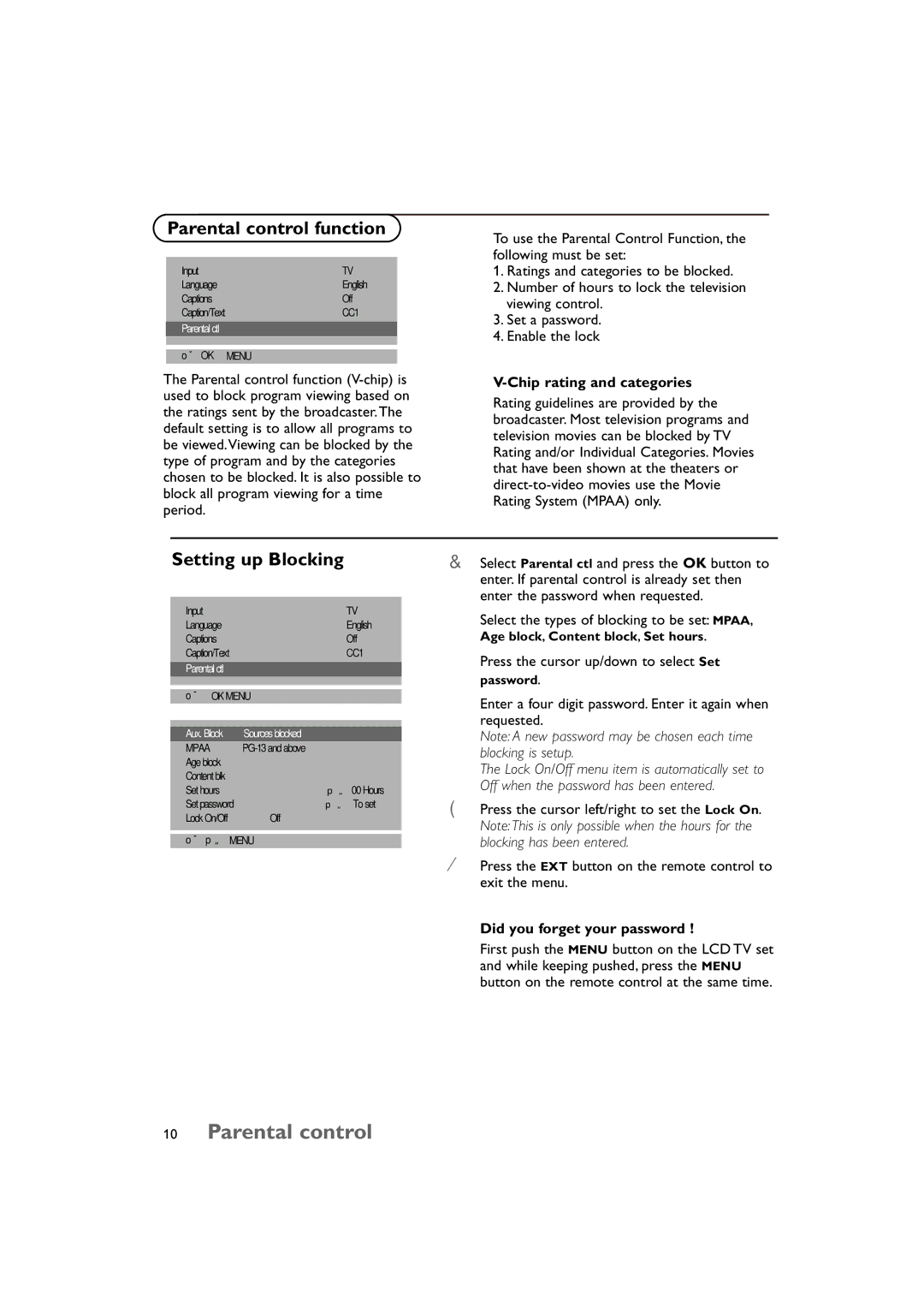 Technicolor - Thomson 15 manual Parental control function, Setting up Blocking, Chip rating and categories 