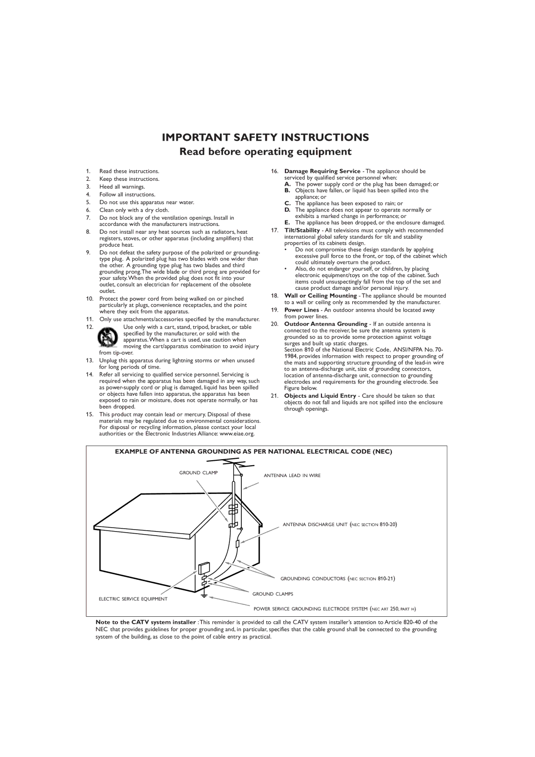 Technicolor - Thomson 15 manual Important Safety Instructions, Read before operating equipment 