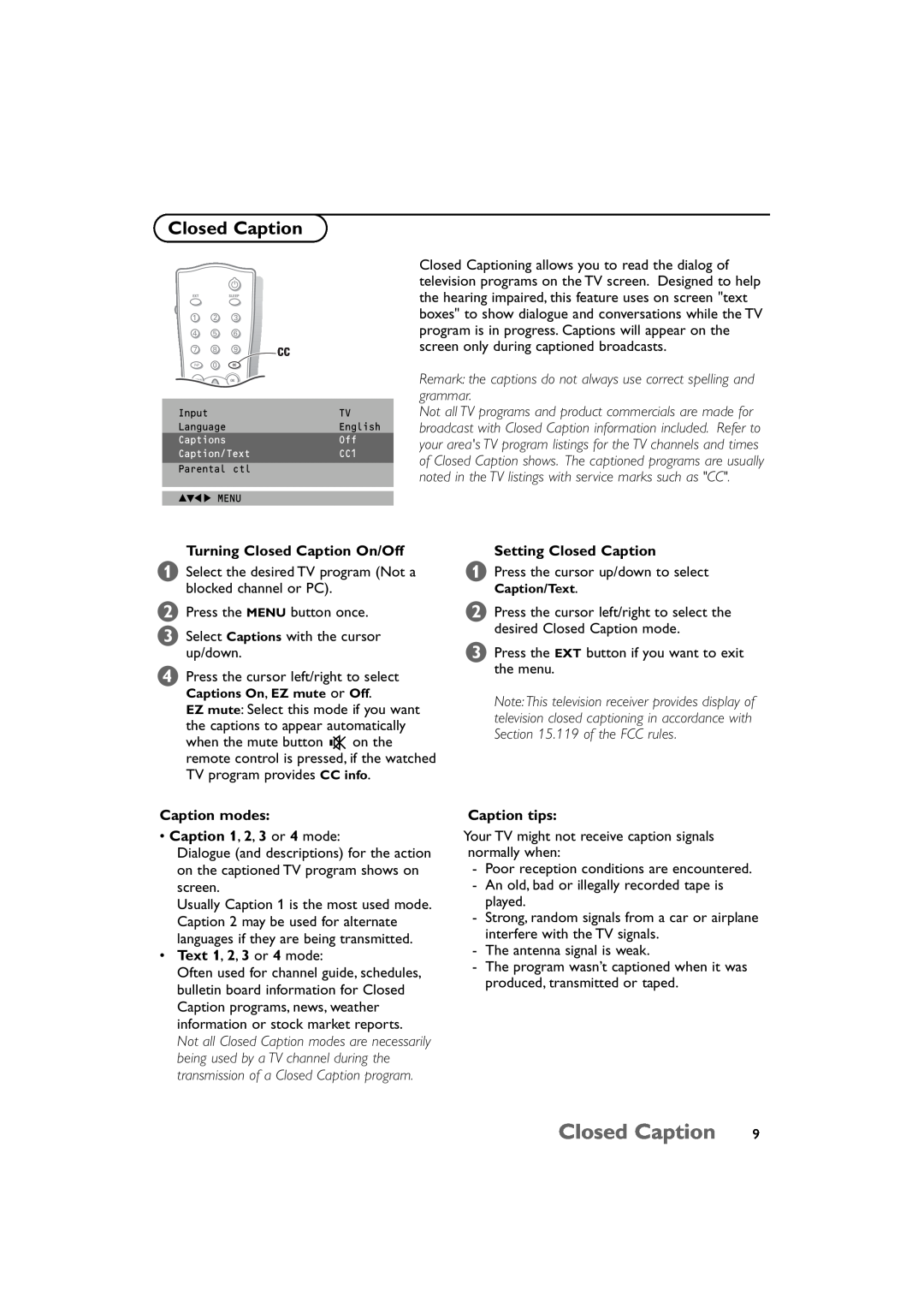 Technicolor - Thomson 15 manual Turning Closed Caption On/Off, Setting Closed Caption, Caption tips 