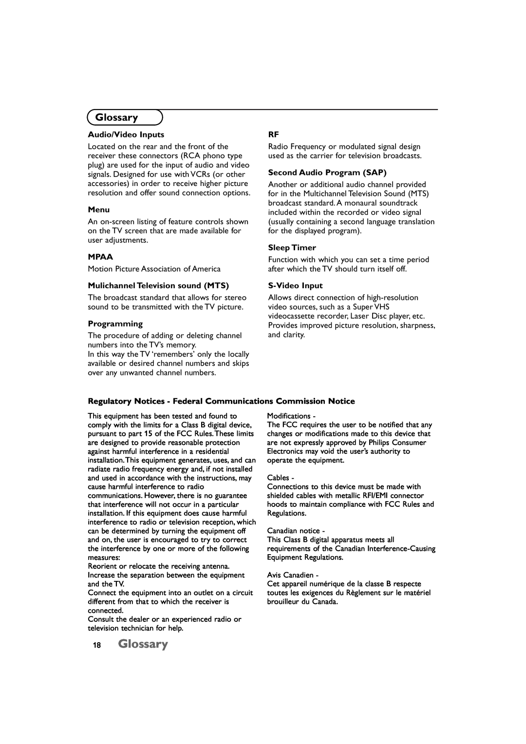 Technicolor - Thomson 15 manual Glossary, Audio/Video Inputs, Menu, Mpaa, Mulichannel Television sound MTS, Programming 