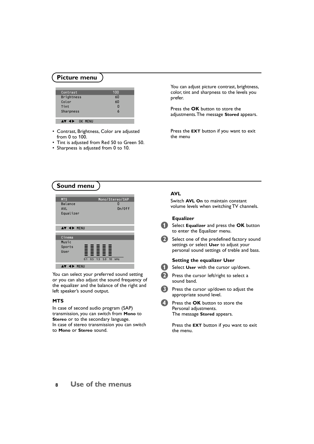 Technicolor - Thomson 15 manual Use of the menus, Picture menu, Sound menu 