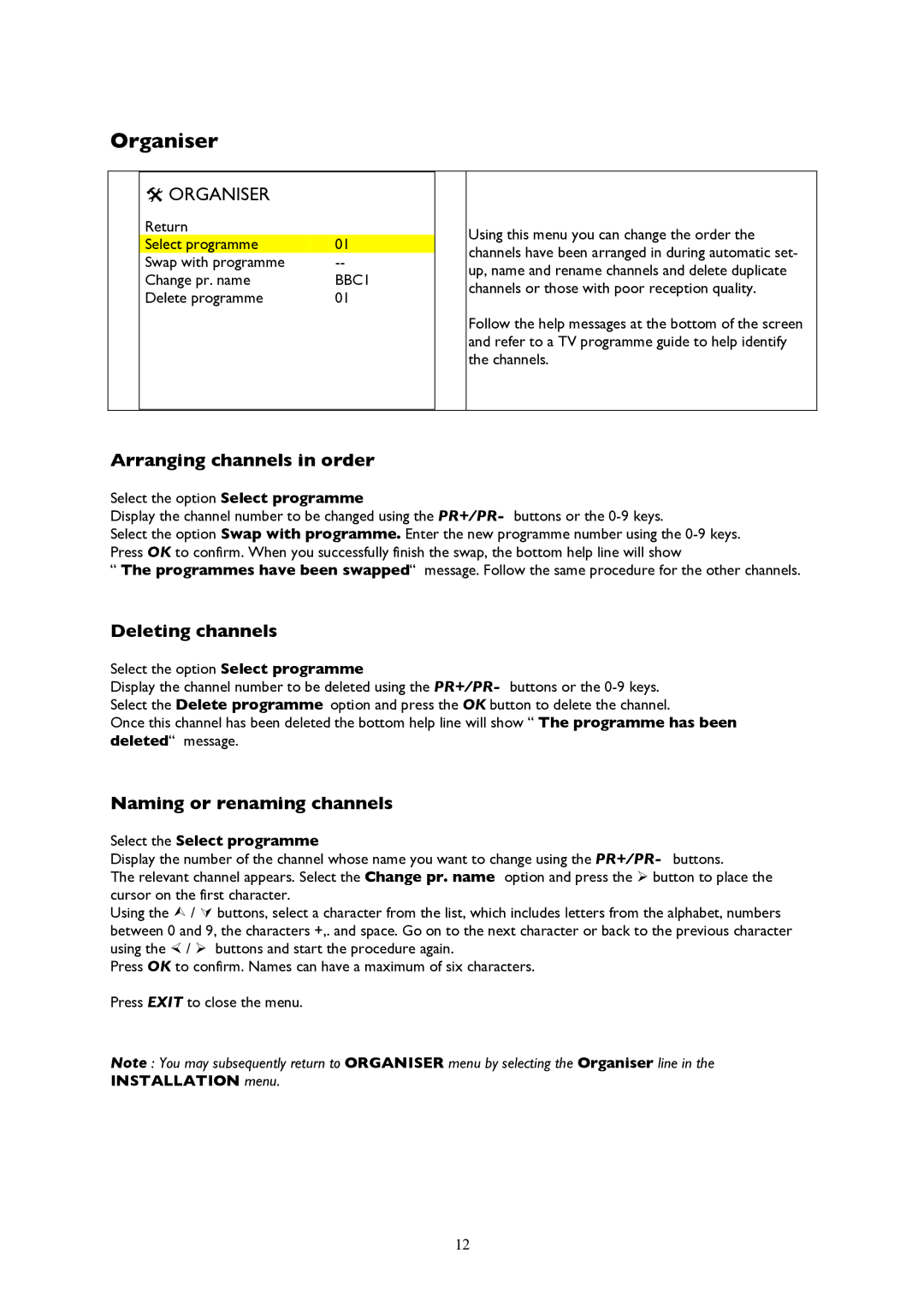 Technicolor - Thomson 20LCDB03B manual @ Organiser, Arranging channels in order, Deleting channels 