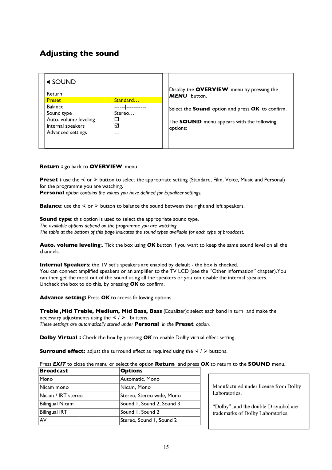 Technicolor - Thomson 20LCDB03B manual Adjusting the sound, Sound, Return go back to Overview menu, Broadcast Options 