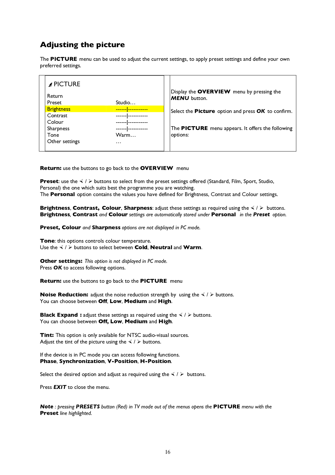 Technicolor - Thomson 20LCDB03B manual Adjusting the picture, Ûpicture, Phase, Synchronization, V-Position,H-Position 