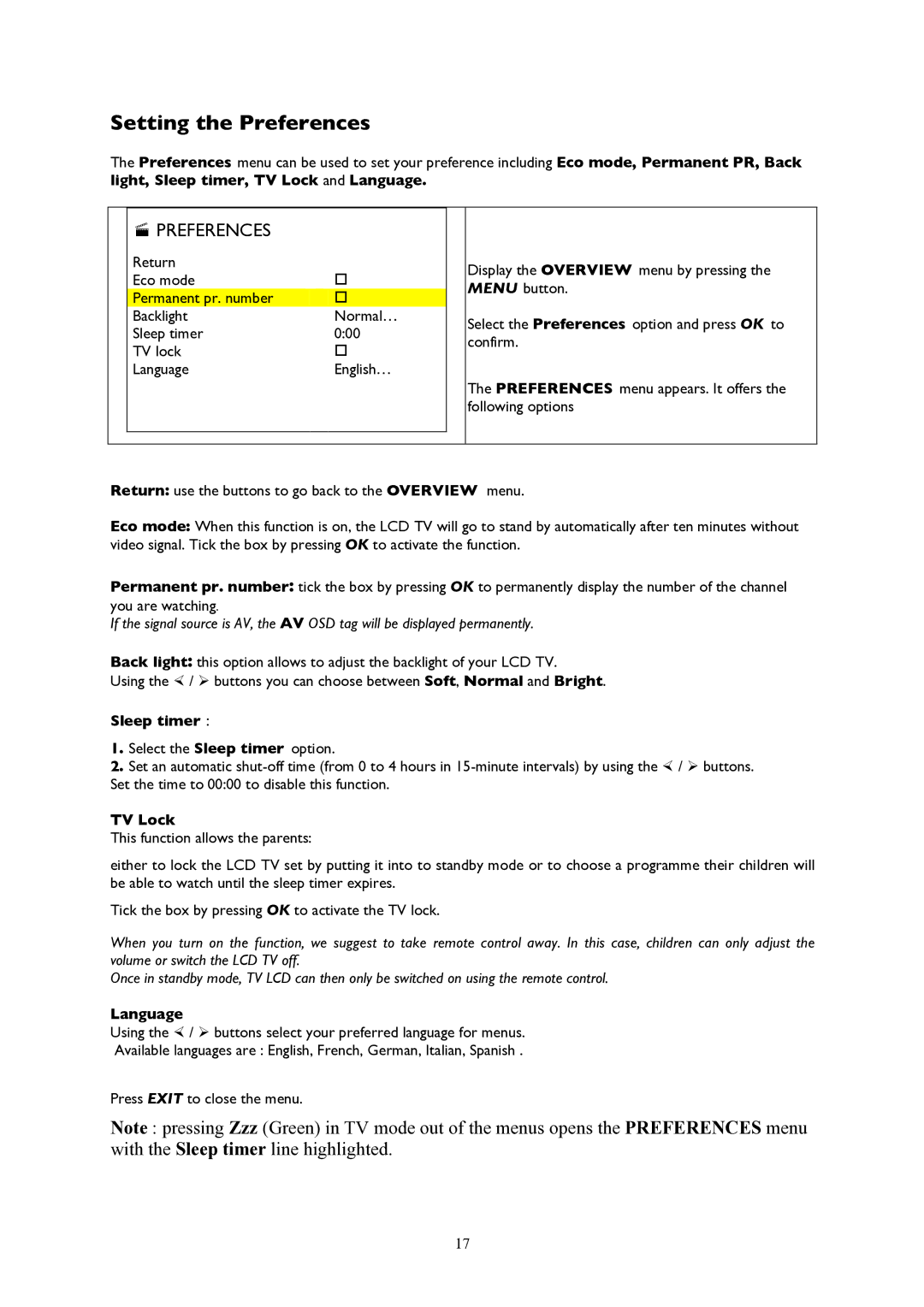 Technicolor - Thomson 20LCDB03B manual Setting the Preferences, Sleep timer, TV Lock, Language 