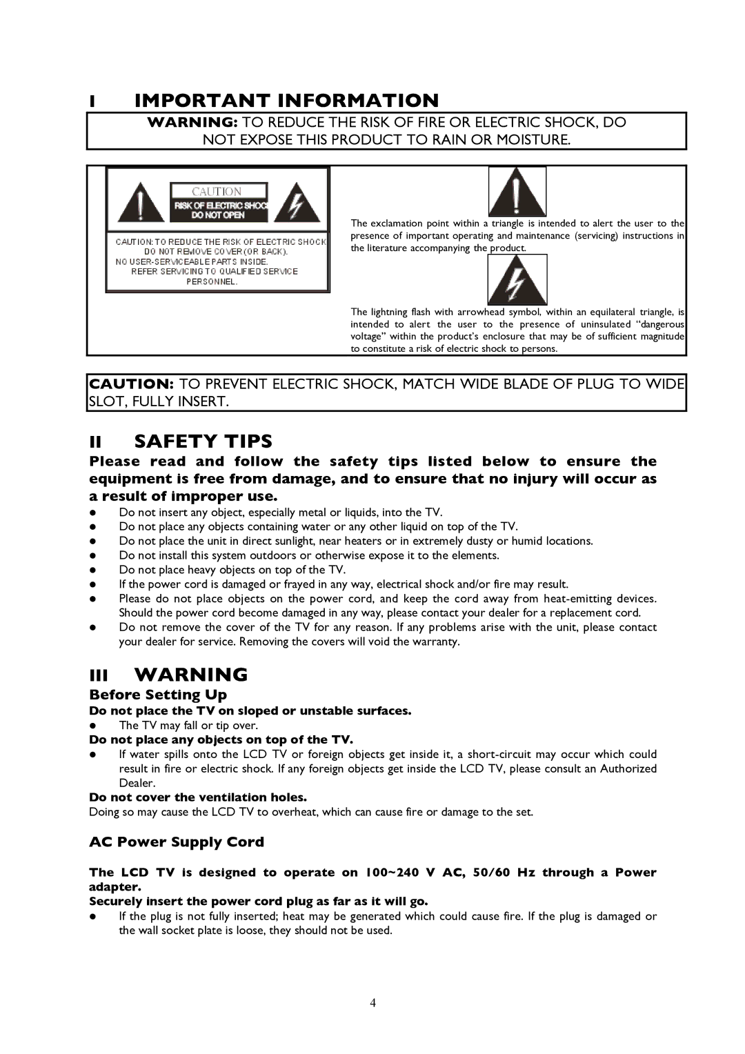 Technicolor - Thomson 20LCDB03B manual Important Information, II Safety Tips, III Warning, Before Setting Up 