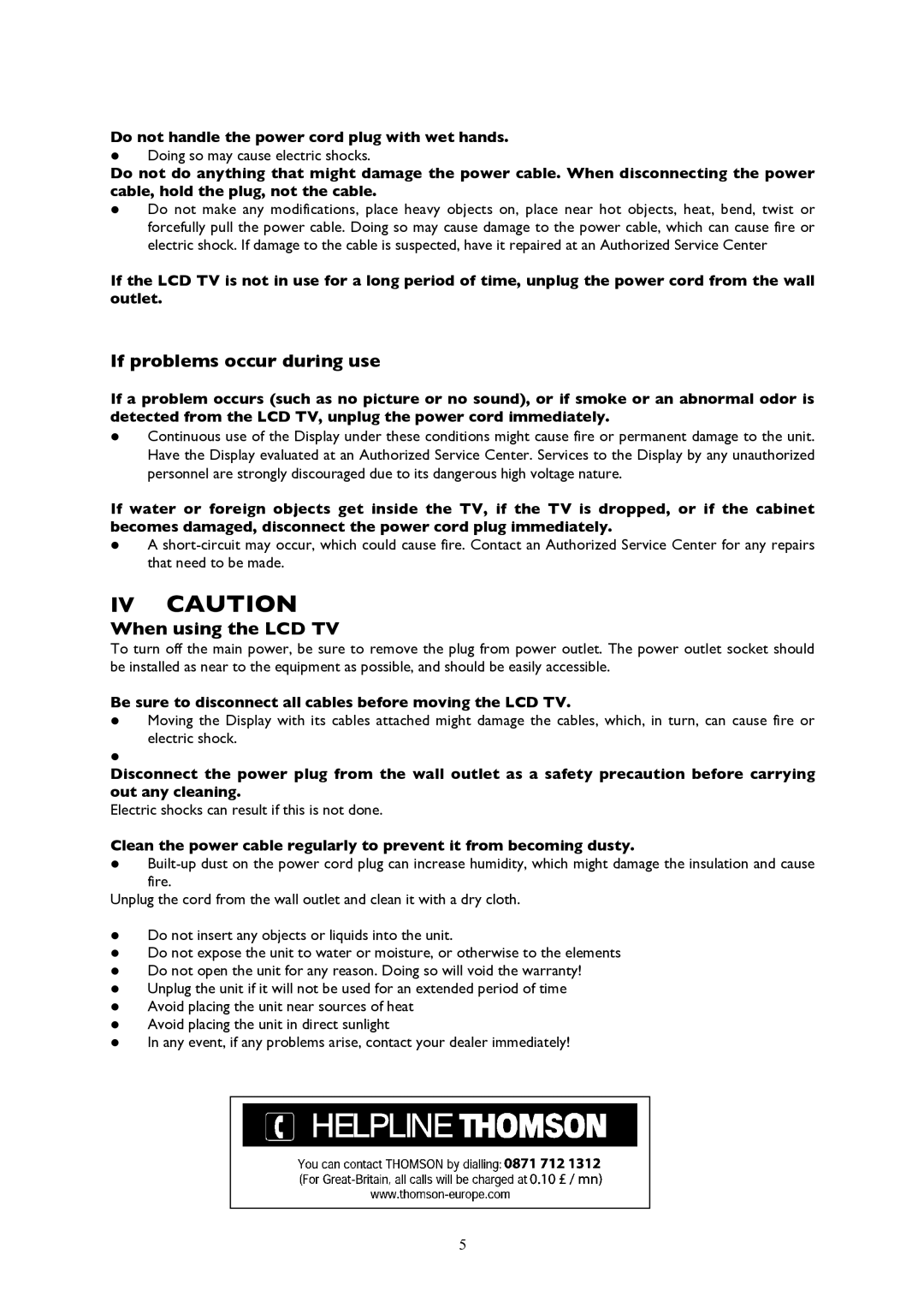 Technicolor - Thomson 20LCDB03B manual IV Caution, If problems occur during use, When using the LCD TV 