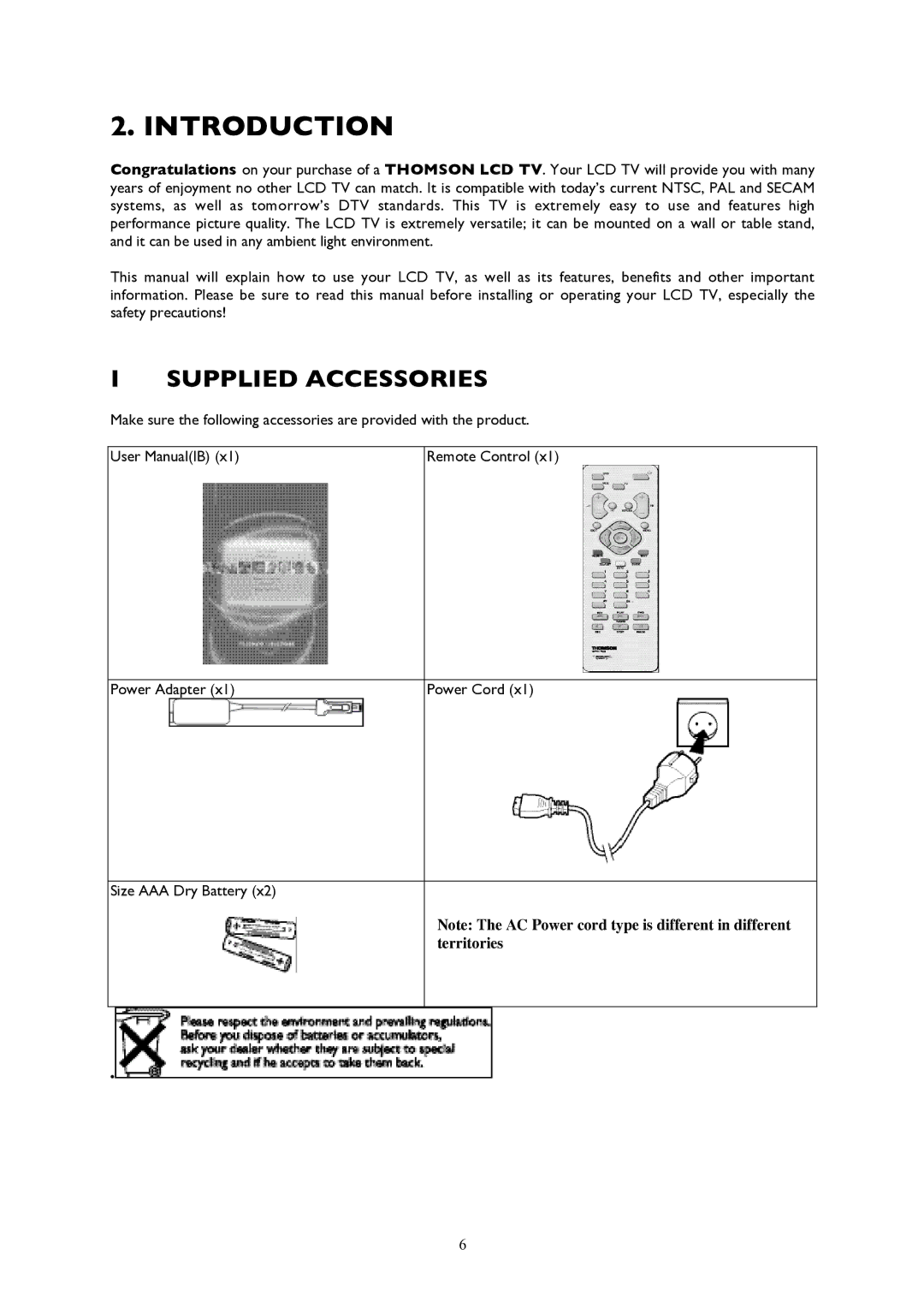 Technicolor - Thomson 20LCDB03B manual Introduction, Supplied Accessories 