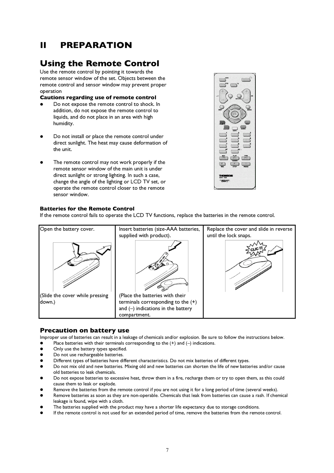 Technicolor - Thomson 20LCDB03B manual II Preparation, Precaution on battery use, Batteries for the Remote Control 