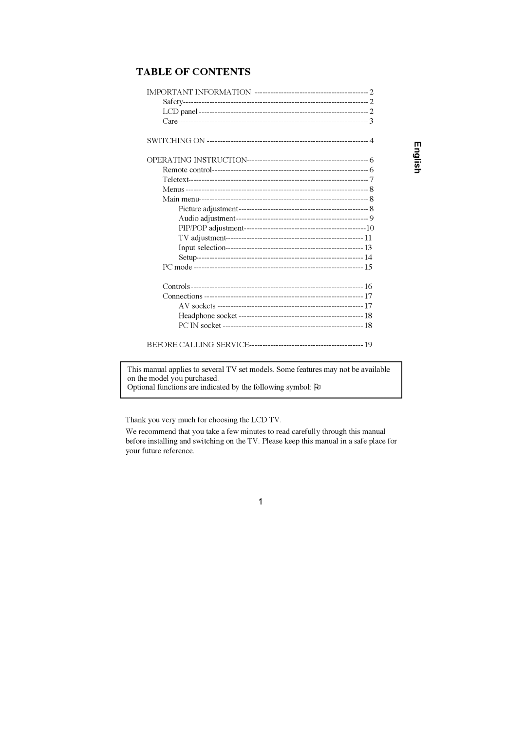 Technicolor - Thomson 20LW030B5 manual Table of Contents 