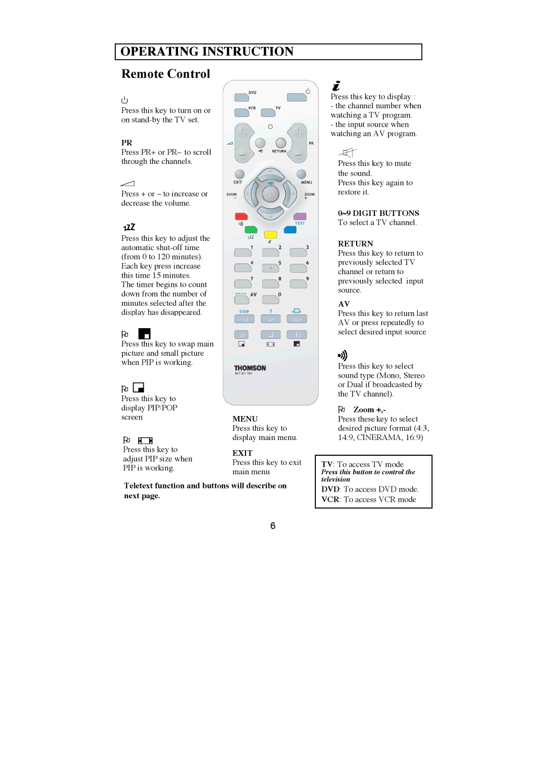 Technicolor - Thomson 20LW030B5 manual Operating Instruction, Menu, Exit, Return 