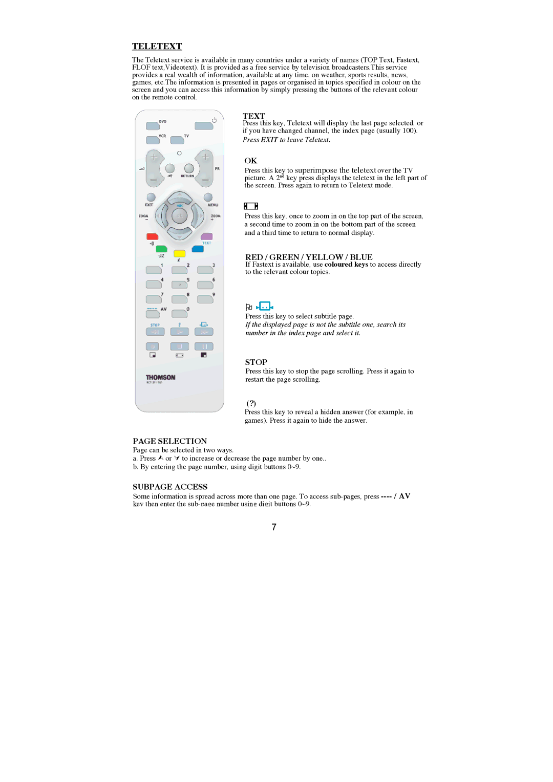 Technicolor - Thomson 20LW030B5 manual Text, RED / Green / Yellow / Blue, Stop, Selection, Subpage Access 