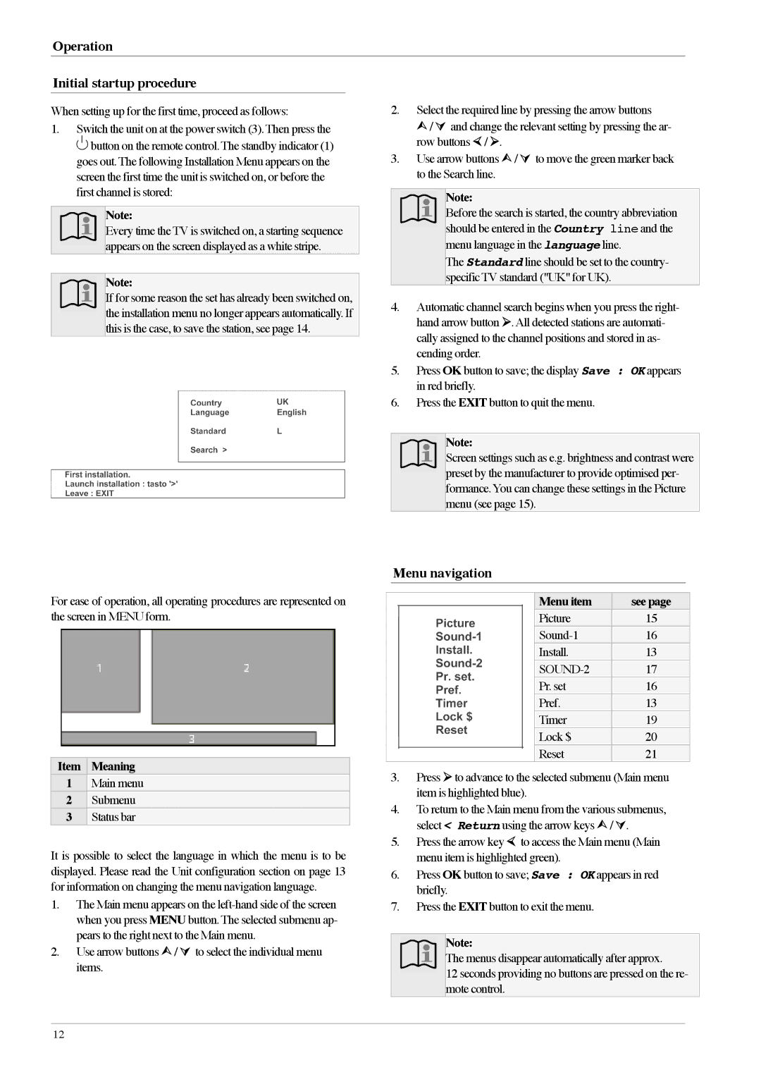 Technicolor - Thomson 23LB020S4 Operation Initial startup procedure, Menu navigation, Item Meaning, Menu item See 