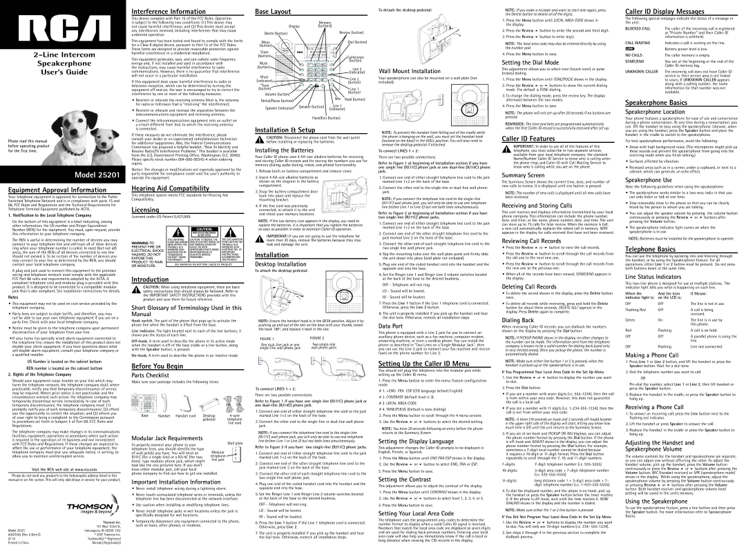 Technicolor - Thomson 25201RE1 installation instructions Interference Information Base Layout, Speakerphone Basics 