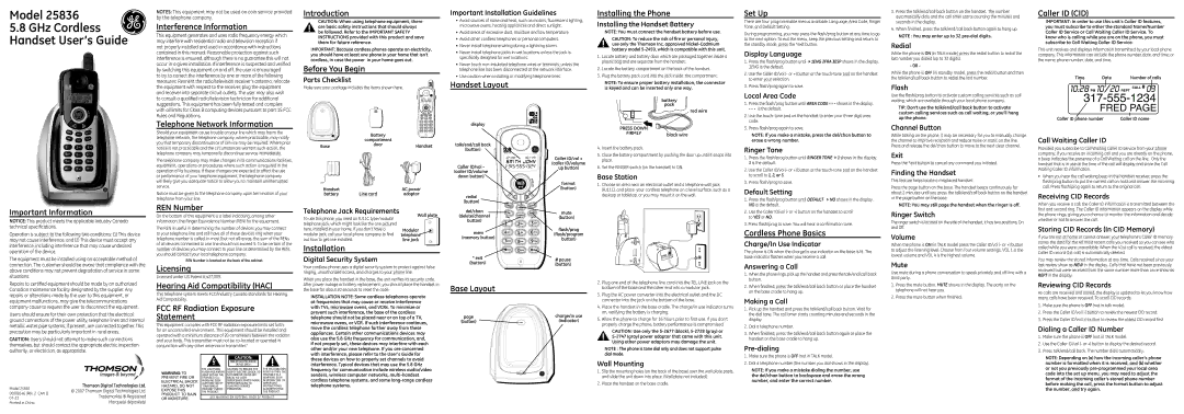 Technicolor - Thomson 25836 technical specifications Interference Information, Telephone Network Information, Introduction 