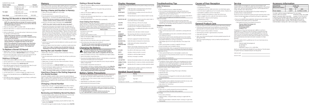 Technicolor - Thomson 25836 Memory, Changing the Battery, Battery Safety Precautions, Display Messages, Service 